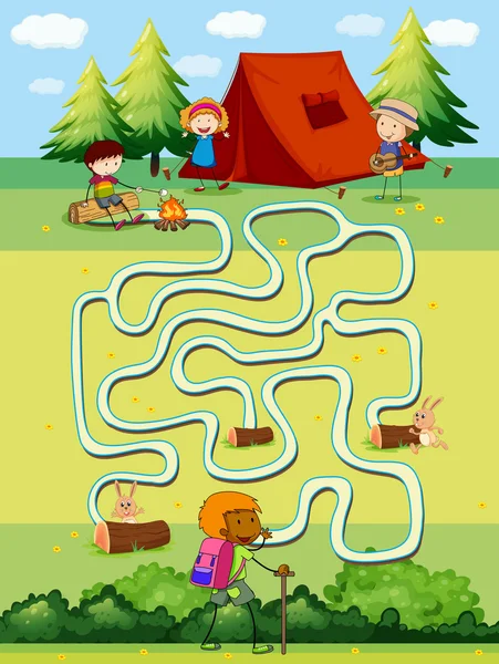 Game template with children camping in the field — Stock Vector