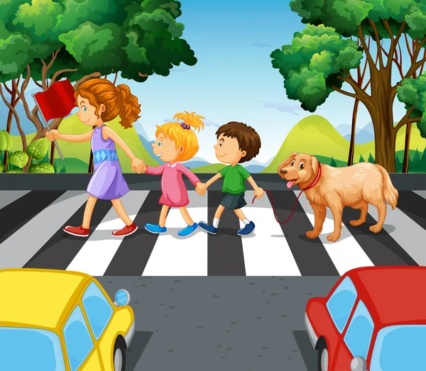 Dzieci i pies przez jezdnię — Wektor stockowy