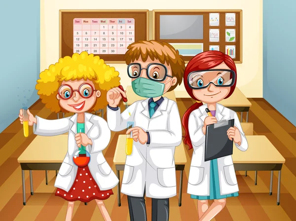 Three scientists with beakers in the classroom — Stock Vector