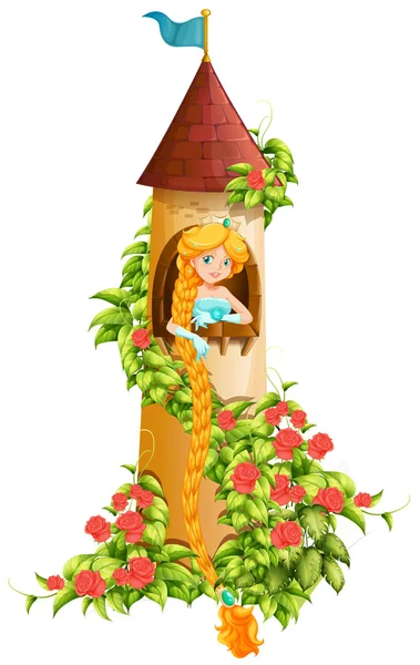 Princesa sentada en torre del castillo — Vector de stock