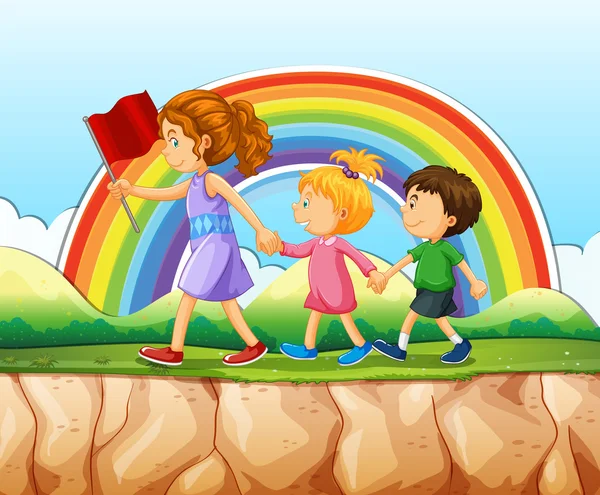 Children walking after woman on cliff — Stock Vector