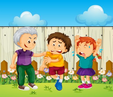 Zorba çocuk diğer çocukların üzerine malzeme çekme