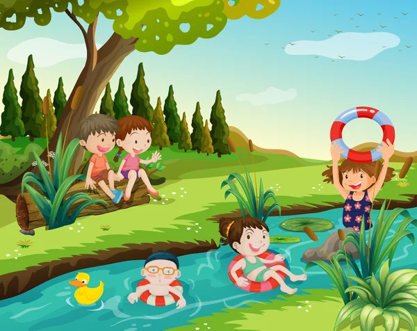 Children swimming in the river — Stock Vector