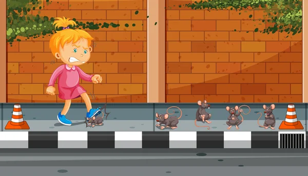 Flicka sparka råttor på gatan — Stock vektor