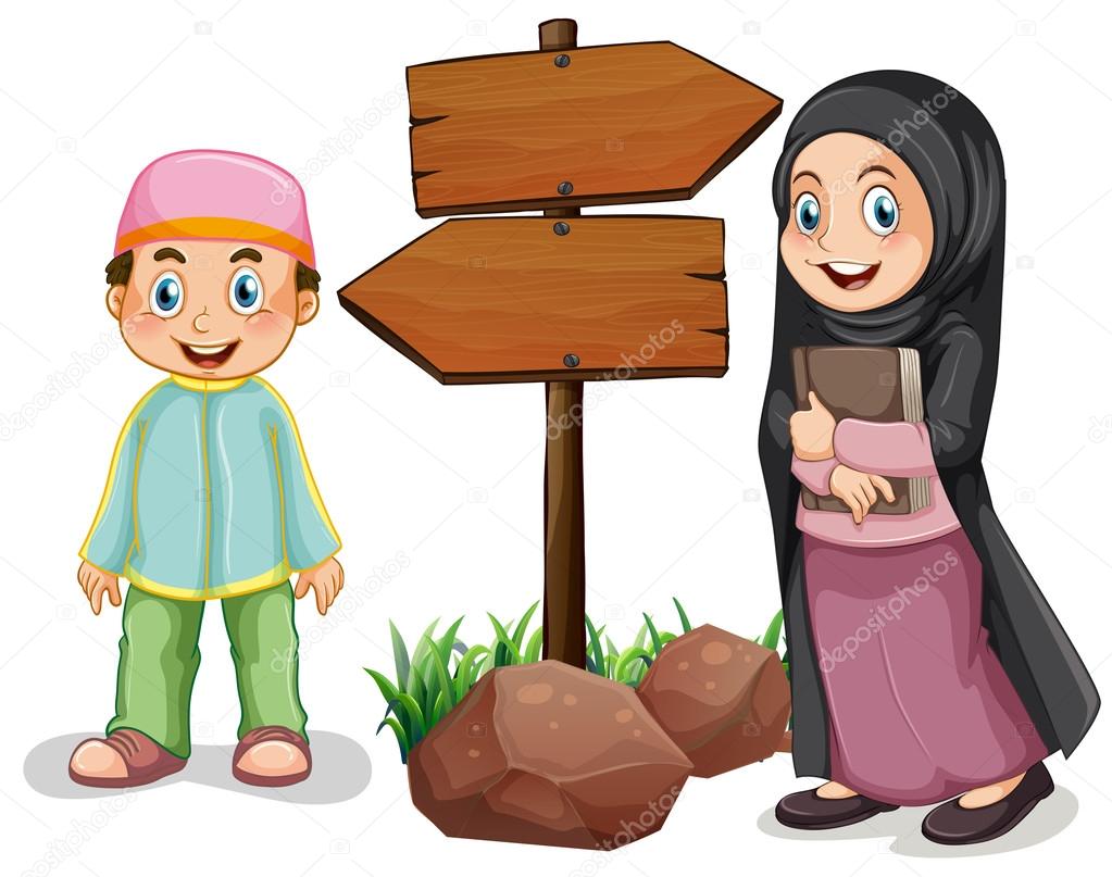 depositphotos_108614176 stock illustration two muslim kids and wooden