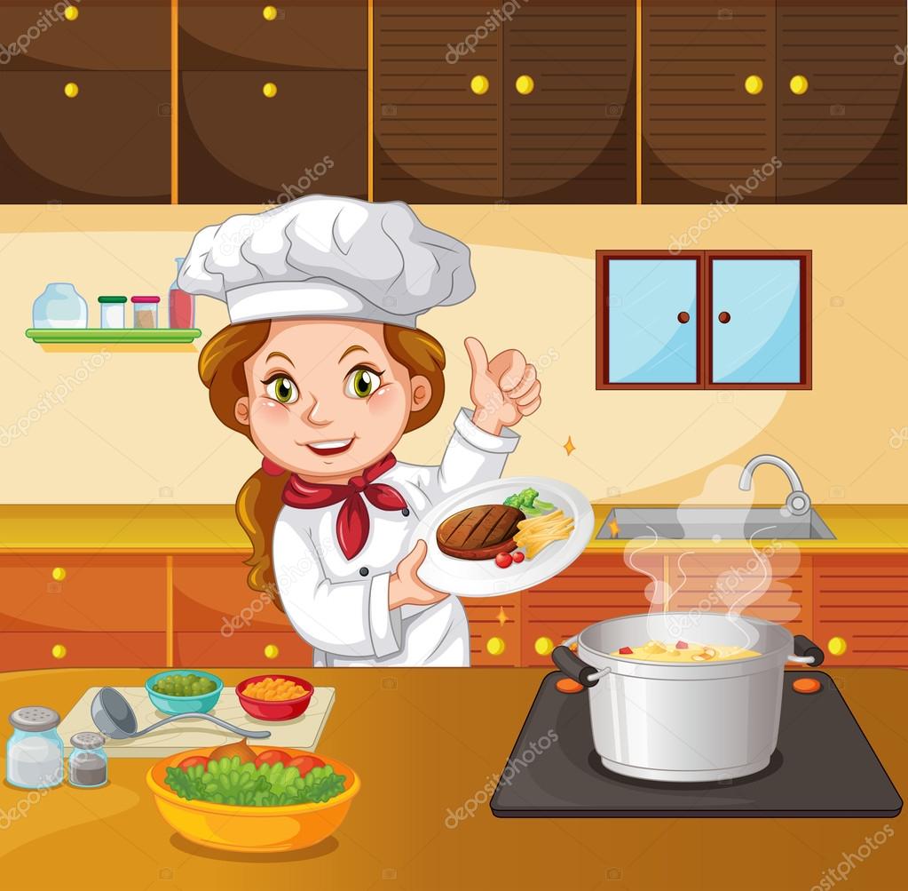 Vector: mujer cocina | chef mujer cocinando en la cocina ...