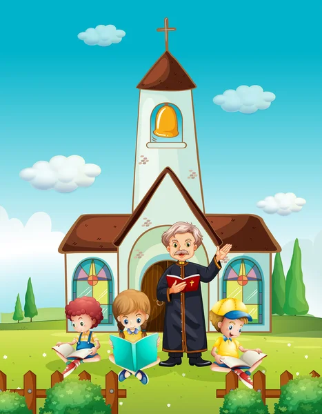 Priest and children at church — Stock Vector