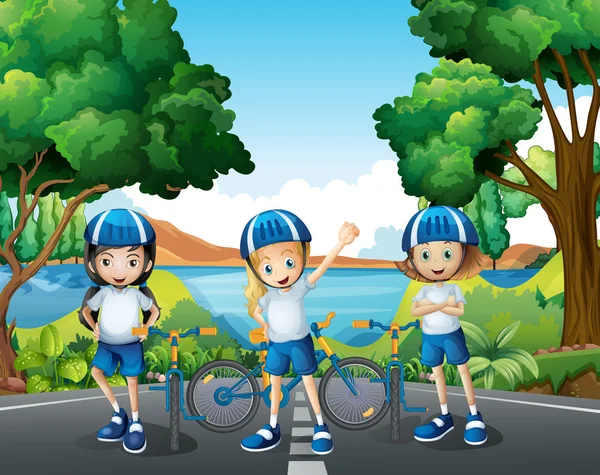 Three girls riding bike on the road — Stock Vector