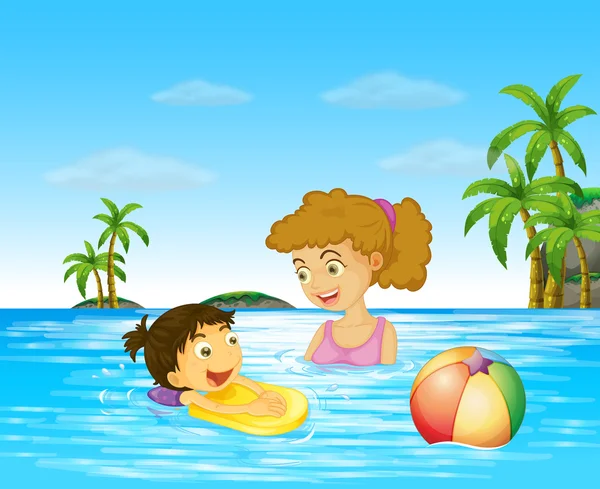 Mother and kid swimming in the ocean — Stock Vector