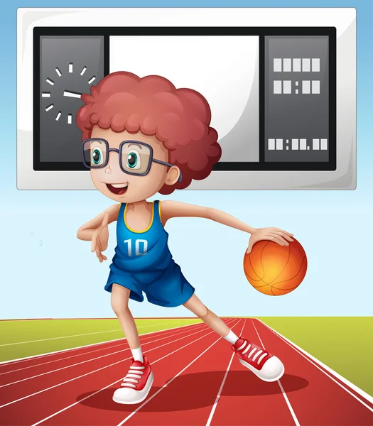 Jongen spelen basketbal op het gebied — Stockvector