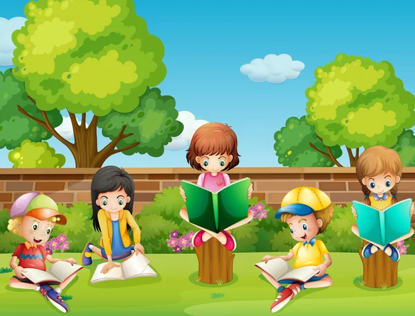 Enfants lisant des livres dans le jardin — Image vectorielle