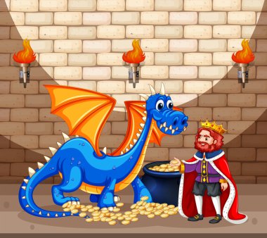 King and blue dragon with gold coins clipart