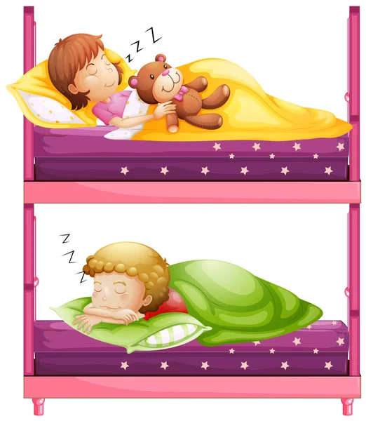 เด็ก ๆ นอนบนเตียงในเวลากลางคืน — ภาพเวกเตอร์สต็อก