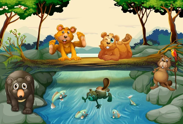 熊和其他动物在森林里 — 图库矢量图片