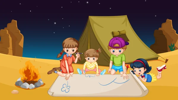 Children camping out in the desert — Stock Vector