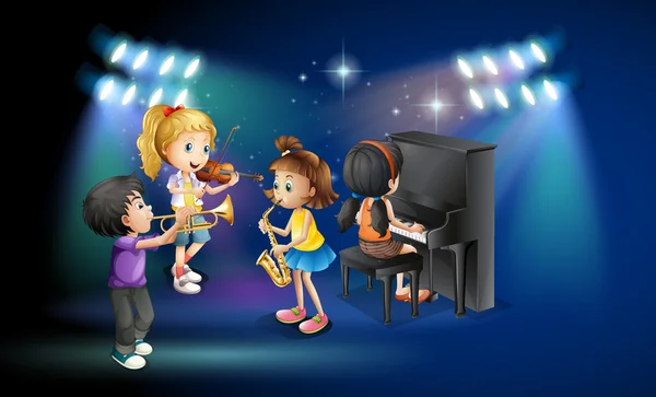 Niños tocando música en el escenario — Vector de stock