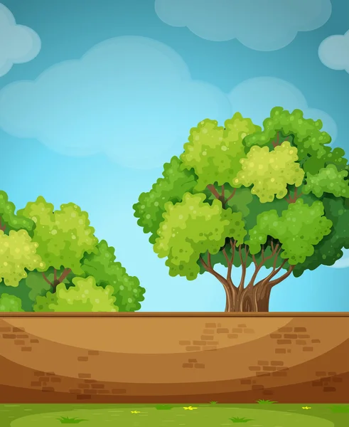 Escena con pared de ladrillo y árbol — Vector de stock