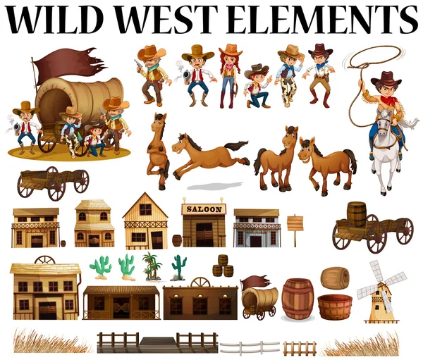 Wild west cowboys and buildings — Stock Vector