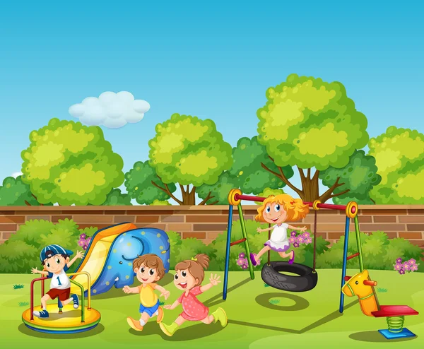 Niños jugando en el patio de recreo durante el día — Vector de stock