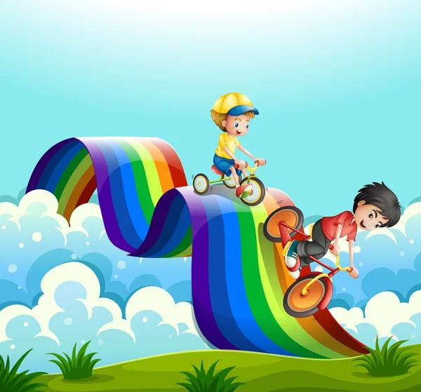 Crianças andando de bicicleta sobre o arco-íris — Vetor de Stock
