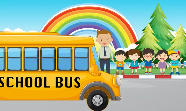 Bambini e scuolabus sulla strada — Vettoriale Stock