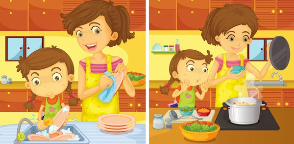 Chica ayudando a mamá en la cocina — Vector de stock