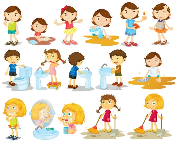 Girls and boys doing chores — Stock Vector
