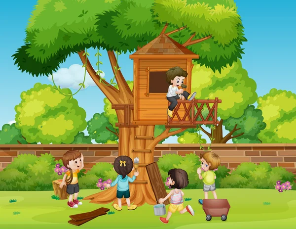 Children building treehouse in the park — Stock Vector