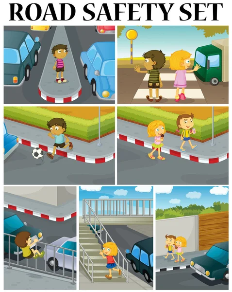 Scenes of children and road safety — Stock Vector