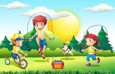 Kids jumping rope in the park clipart