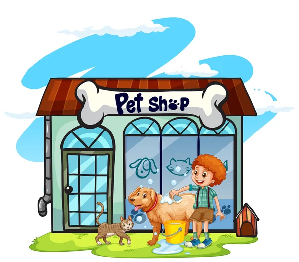 Niño lavando perro en tienda de mascotas — Archivo Imágenes Vectoriales
