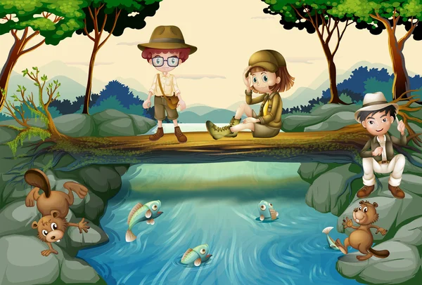 小孩在河的戏 — 图库矢量图片