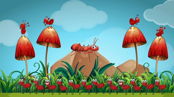蘑菇花园里的蚂蚁 — 图库矢量图片