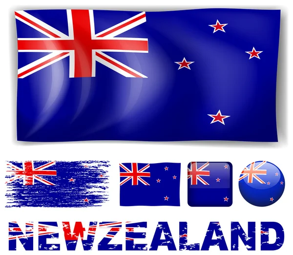 New Zealand flag in different designs and wording — Stock Vector