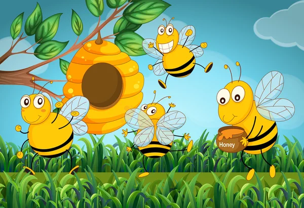 Cuatro abejas volando alrededor de la colmena — Vector de stock