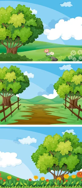 Tres escenas de campo con árboles y pistas — Vector de stock