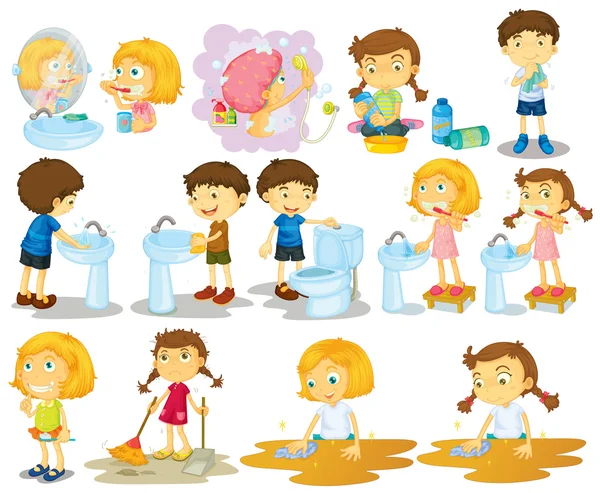 Girls and boys doing chores — Stock Vector