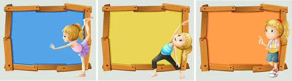 Дизайн дерев'яної рамки з дівчатами та йогою — стоковий вектор