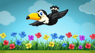 Sahne ile bahçede uçan toucan