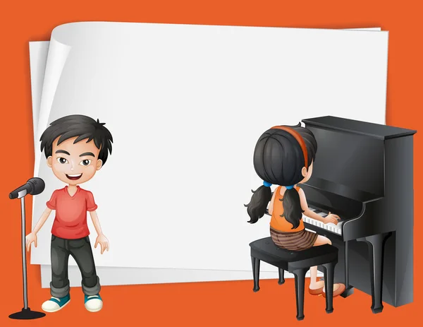 Diseño de papel con niña tocando el piano y niño cantando — Vector de stock