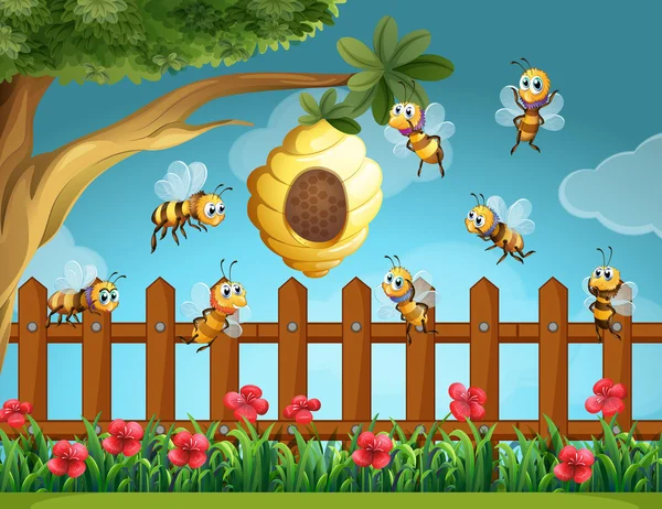 Bees flying around beehive in the garden — Stock Vector