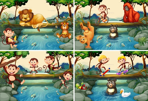 Quatre scènes avec des animaux sauvages dans la rivière — Image vectorielle