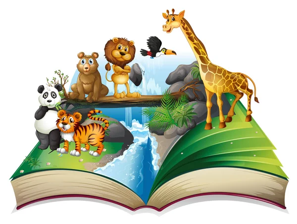 Book of wild animals at waterfall — Stock Vector