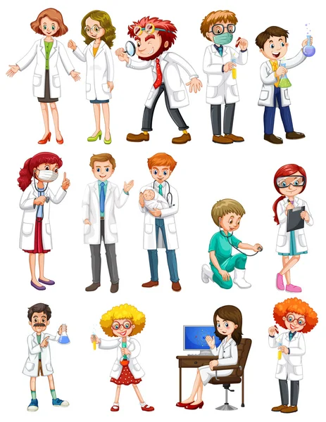 Male and female scientists in white gown — Stock Vector