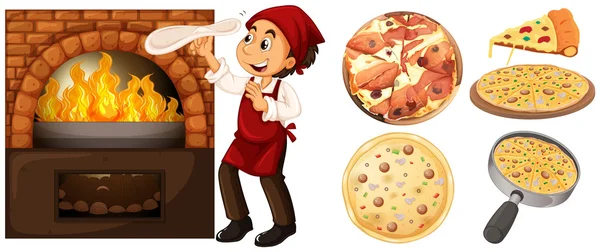 Chef haciendo pizza en la estufa caliente — Vector de stock