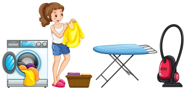 Γυναίκα που πλένει τα ρούχα στο σπίτι — Διανυσματικό Αρχείο