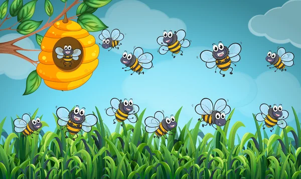 Abejas volando alrededor de la colmena — Archivo Imágenes Vectoriales