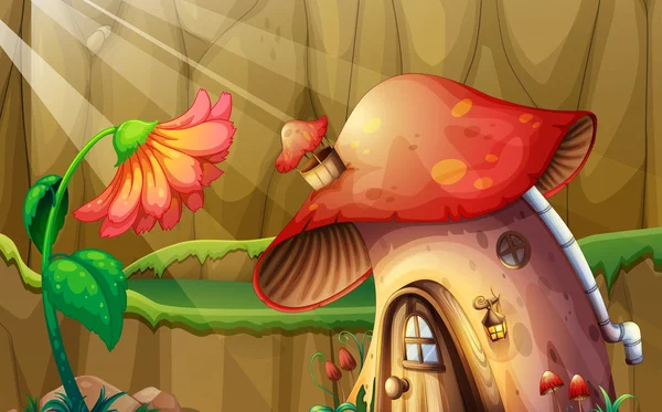 Scene with mushroom house and flower — Stock Vector