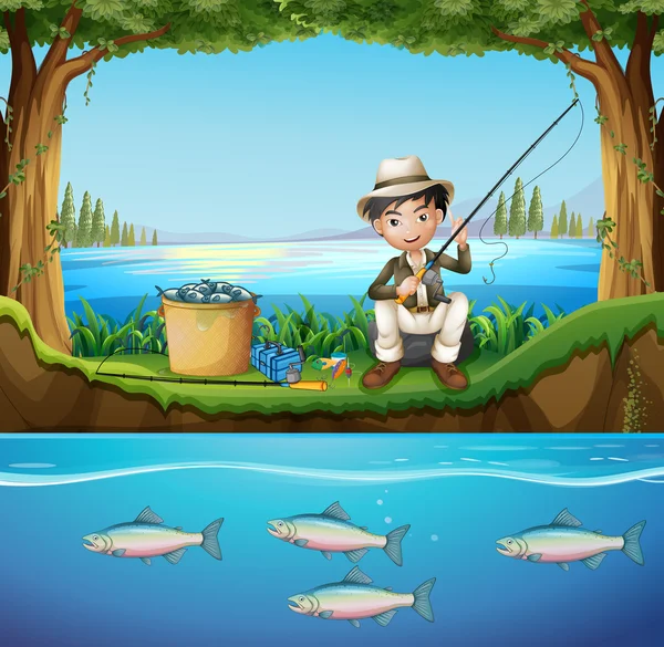 Hombre pescando en el río — Vector de stock