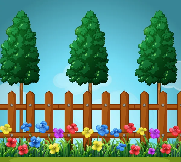 Scène met bomen en houten hek — Stockvector